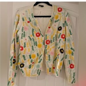 Floral Embroidered Cream Cardigan Sweater
